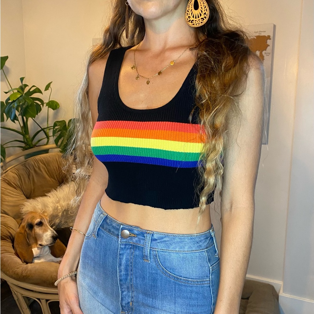 Rainbow Stripe Ribbed Crop Tank Black Sleeveless Pride Top Medium